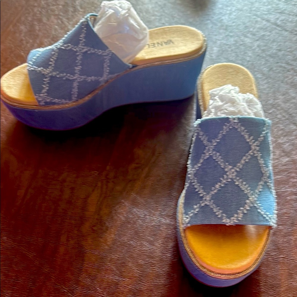 Vaneli Sky Blue and Cream Wedge Sandals